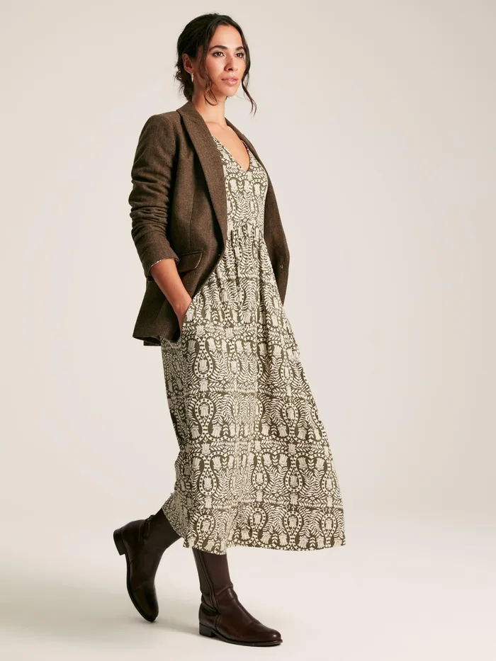 Joules Dresses Green Printed Long Sleeve Midaxi Dress With Pockets 8211 Women
