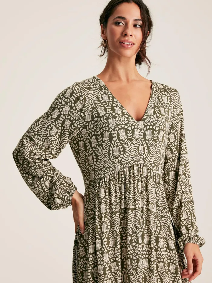 Joules Dresses Green Printed Long Sleeve Midaxi Dress With Pockets 8211 Women