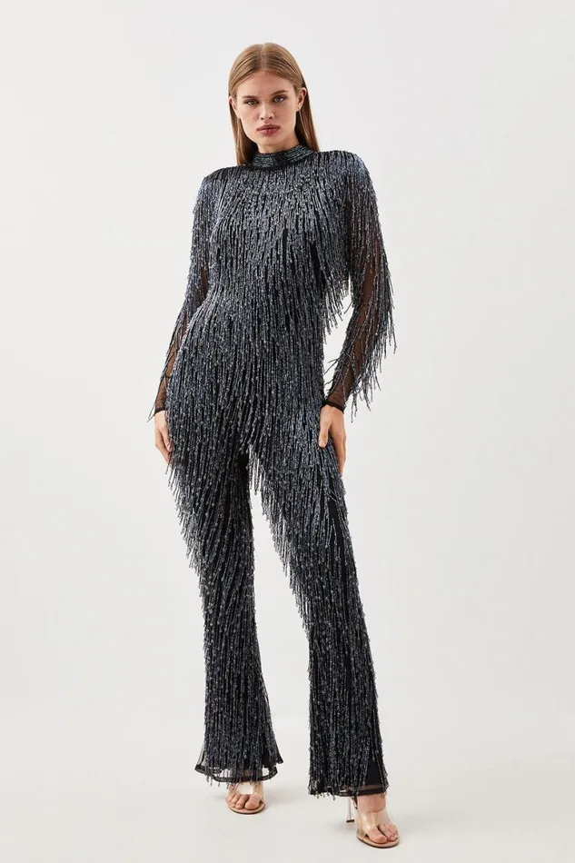 Jumpsuits Women Karen Millen Beaded Fringed And Embellished Jumpsuit Black