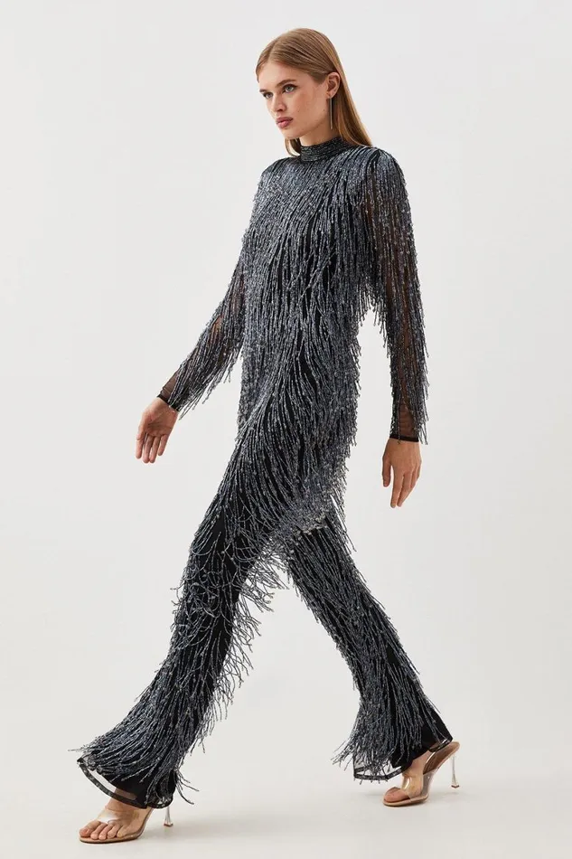 Jumpsuits Women Karen Millen Beaded Fringed And Embellished Jumpsuit Black