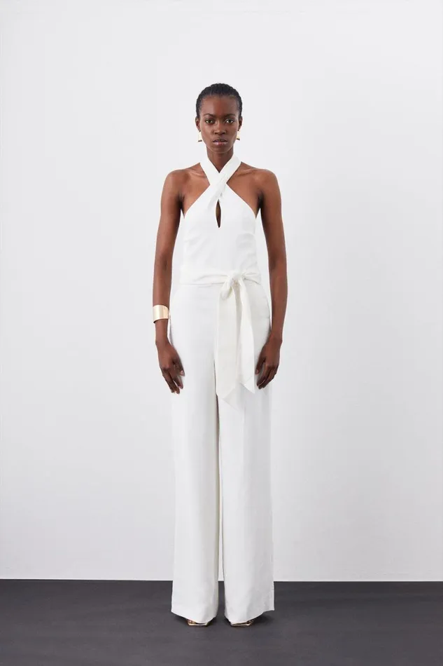 Jumpsuits Women Karen Millen Compact Viscose Stretch Drape Tailored Jumpsuit Ivory