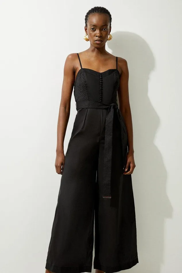 Jumpsuits Women Karen Millen Cotton Top Stitch Pleated Woven Jumpsuit Black