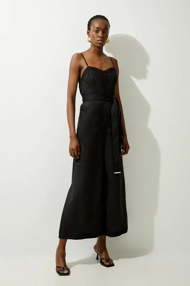 Jumpsuits Women Karen Millen Cotton Top Stitch Pleated Woven Jumpsuit Black