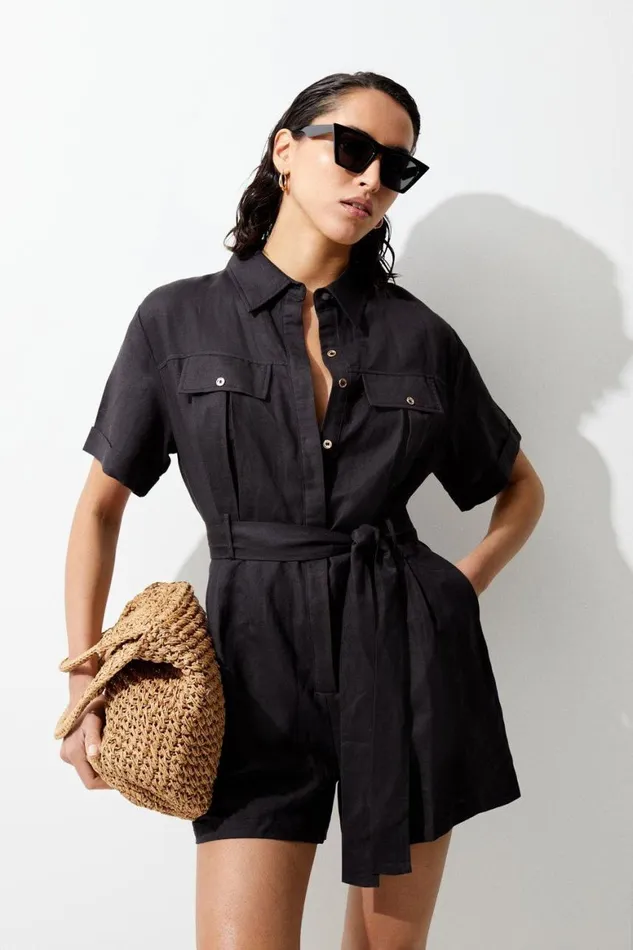 Jumpsuits Women Karen Millen Linen Belted Playsuit Black