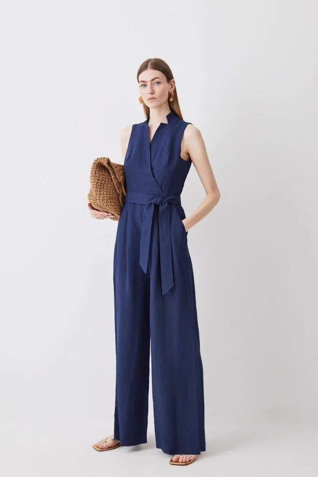 Jumpsuits Women Karen Millen Linen Notch Neck Belted Jumpsuit Navy