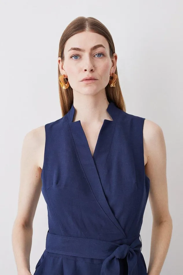 Jumpsuits Women Karen Millen Linen Notch Neck Belted Jumpsuit Navy