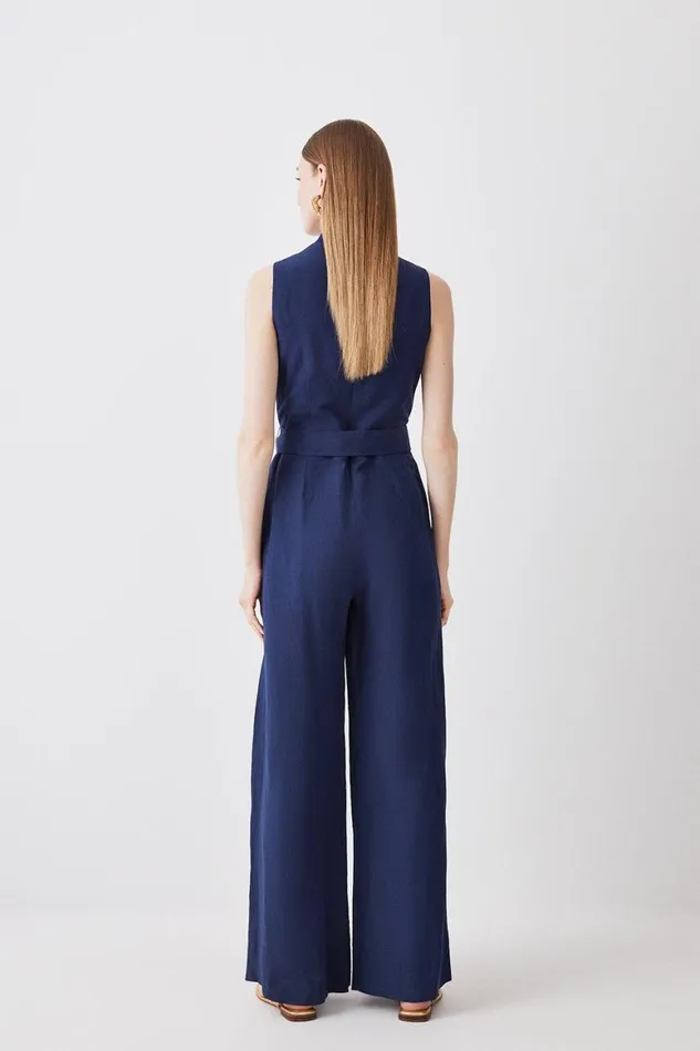 Jumpsuits Women Karen Millen Linen Notch Neck Belted Jumpsuit Navy