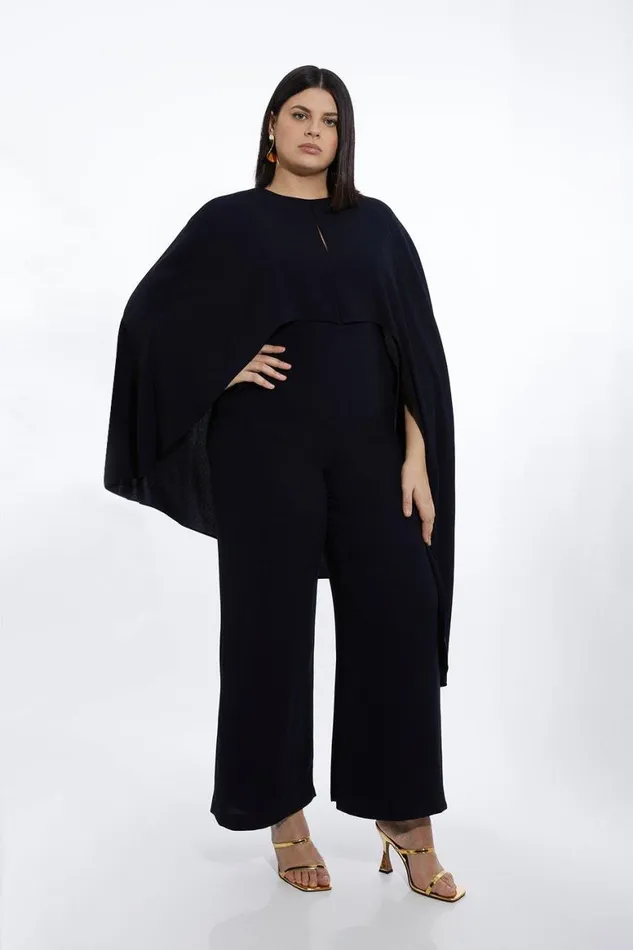 Jumpsuits Women Karen Millen Plus Size Fluid Tailored Asymmetric Draped Cape Jumpsuit Navy