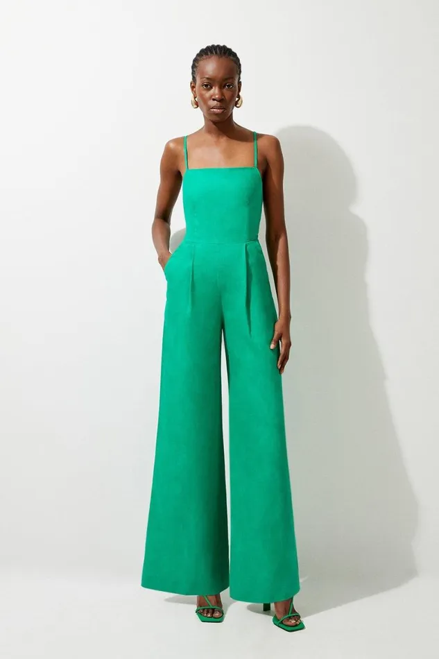 Jumpsuits Women Karen Millen Premium Linen Tailored Halterneck Corset Back Wide Leg Jumpsuit Green