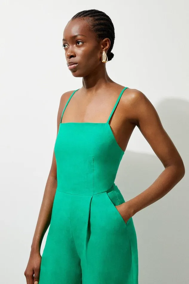 Jumpsuits Women Karen Millen Premium Linen Tailored Halterneck Corset Back Wide Leg Jumpsuit Green