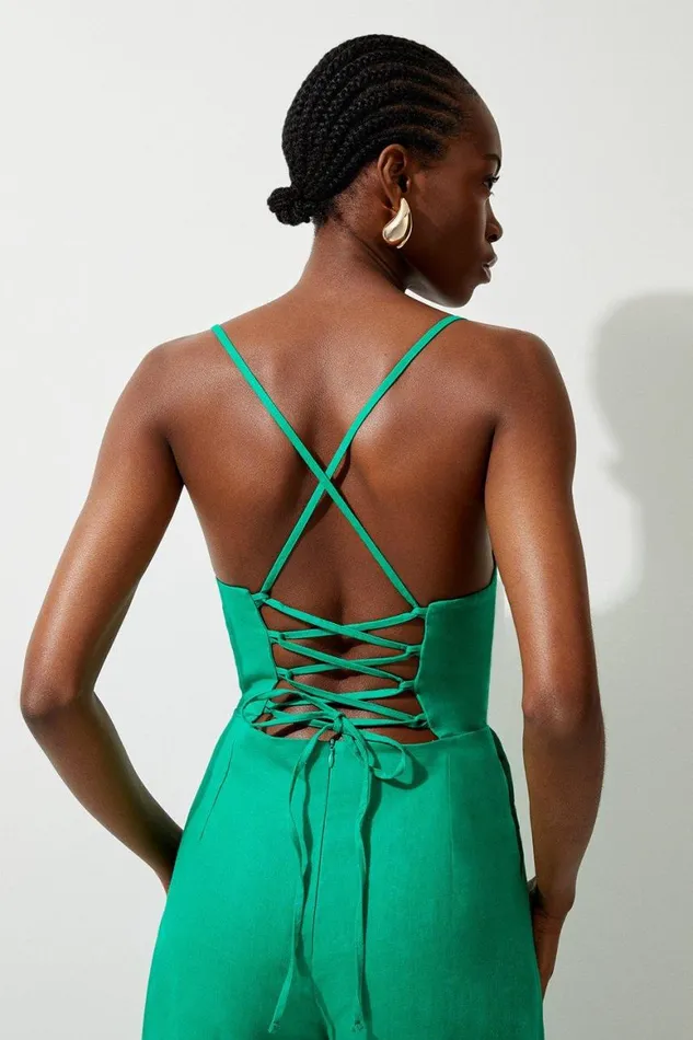 Jumpsuits Women Karen Millen Premium Linen Tailored Halterneck Corset Back Wide Leg Jumpsuit Green