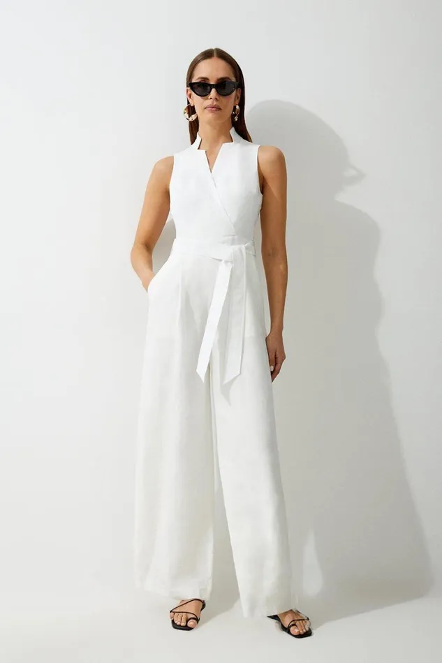 Jumpsuits Women Karen Millen Premium Tailored Linen Notch Neck Belted Straight Leg Jumpsuit Ivory