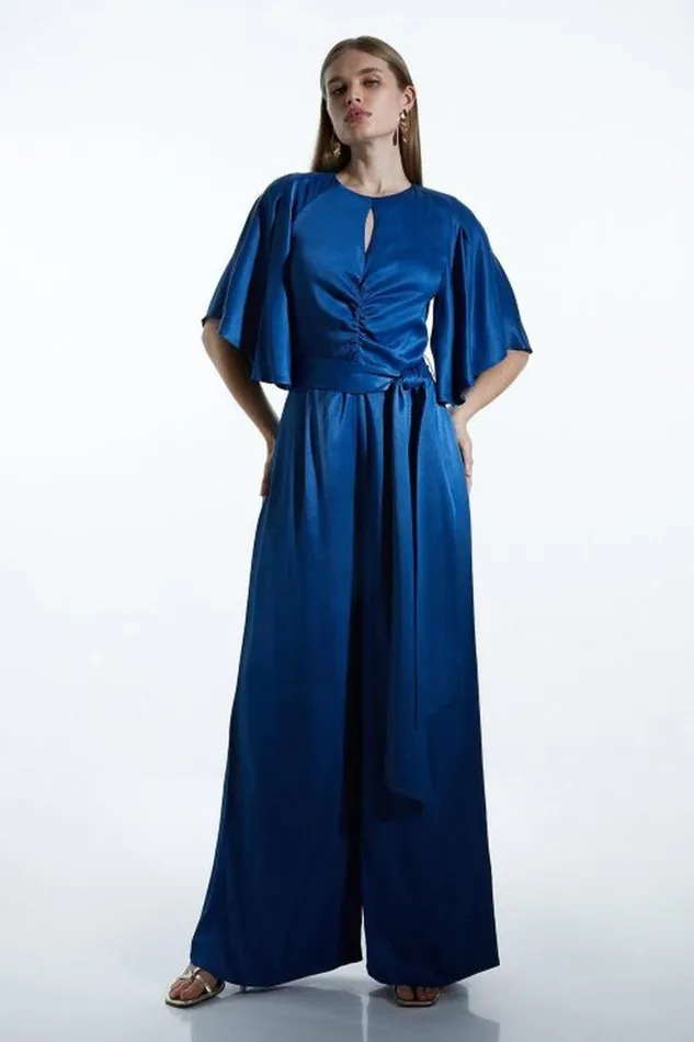 Jumpsuits Women Karen Millen Satin Back Crepe Angel Sleeved Woven Jumpsuit Navy