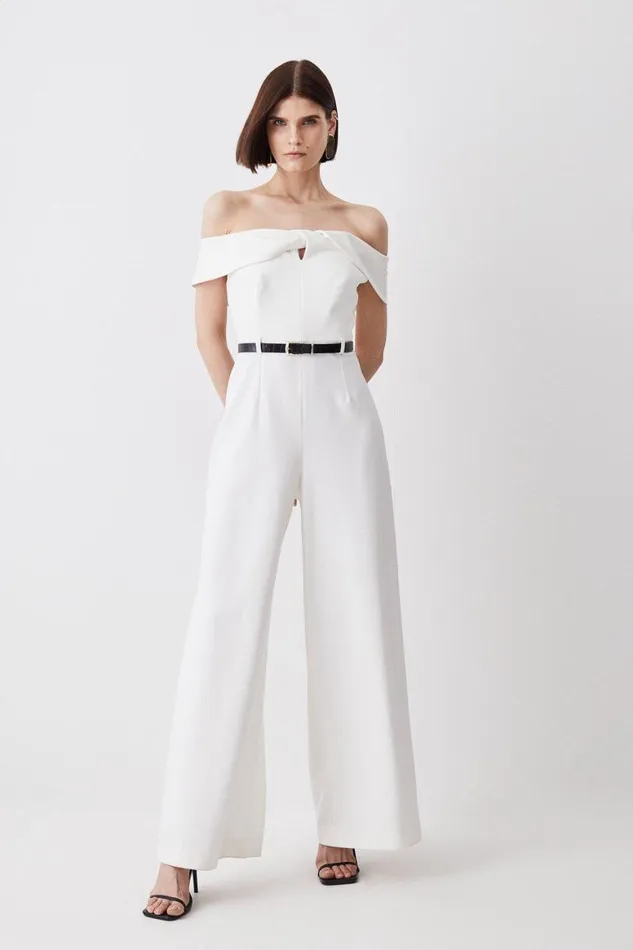 Jumpsuits Women Karen Millen Structured Crepe Bardot Belted Wide Leg Jumpsuit Ivory