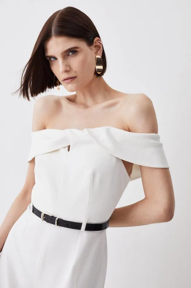 Jumpsuits Women Karen Millen Structured Crepe Bardot Belted Wide Leg Jumpsuit Ivory