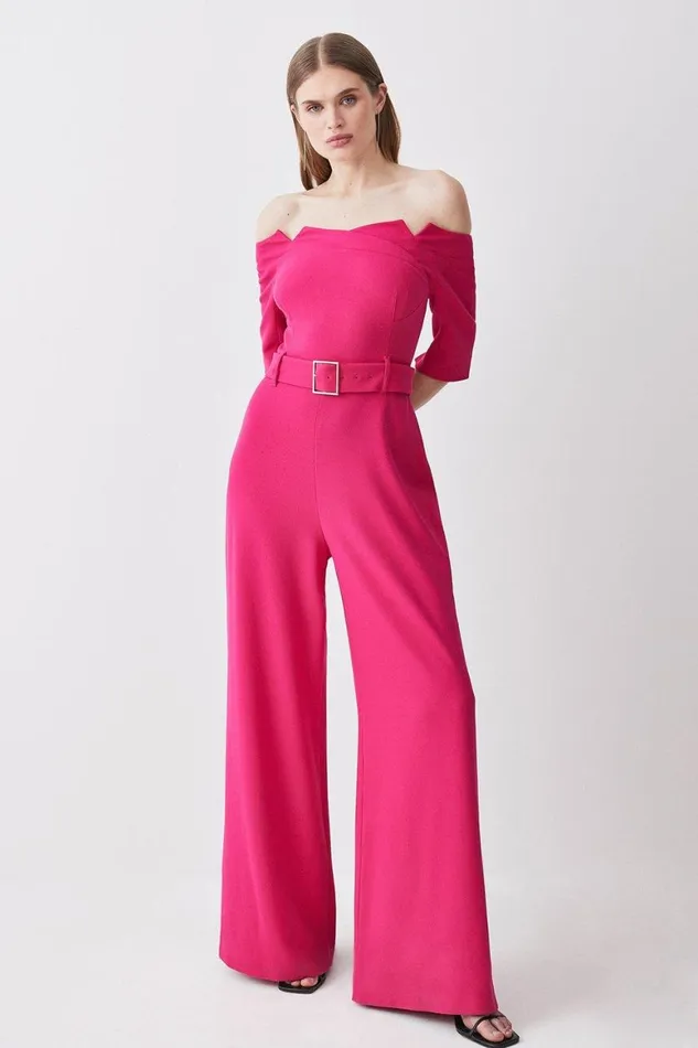 Jumpsuits Women Karen Millen Structured Crepe Off Shoulder Wide Leg Jumpsuit Pink
