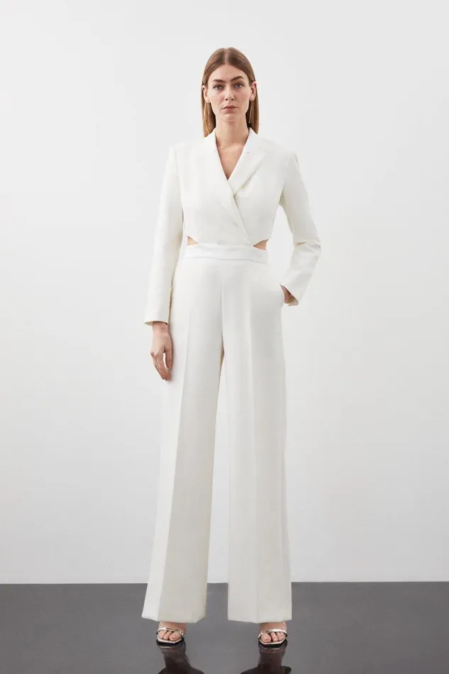 Jumpsuits Women Karen Millen Tailored Compact Stretch Tuxedo Wide Leg Jumpsuit Ivory