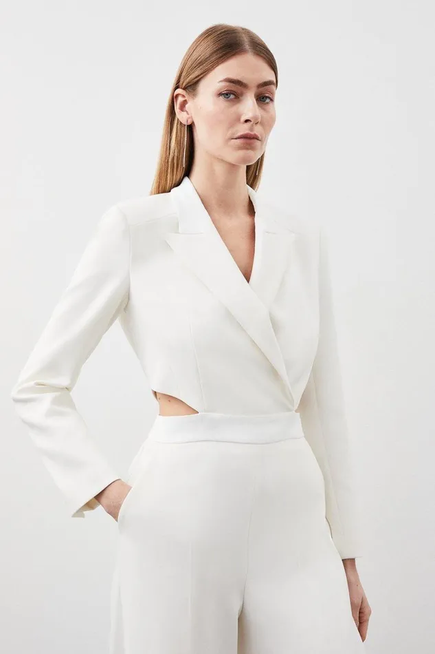 Jumpsuits Women Karen Millen Tailored Compact Stretch Tuxedo Wide Leg Jumpsuit Ivory