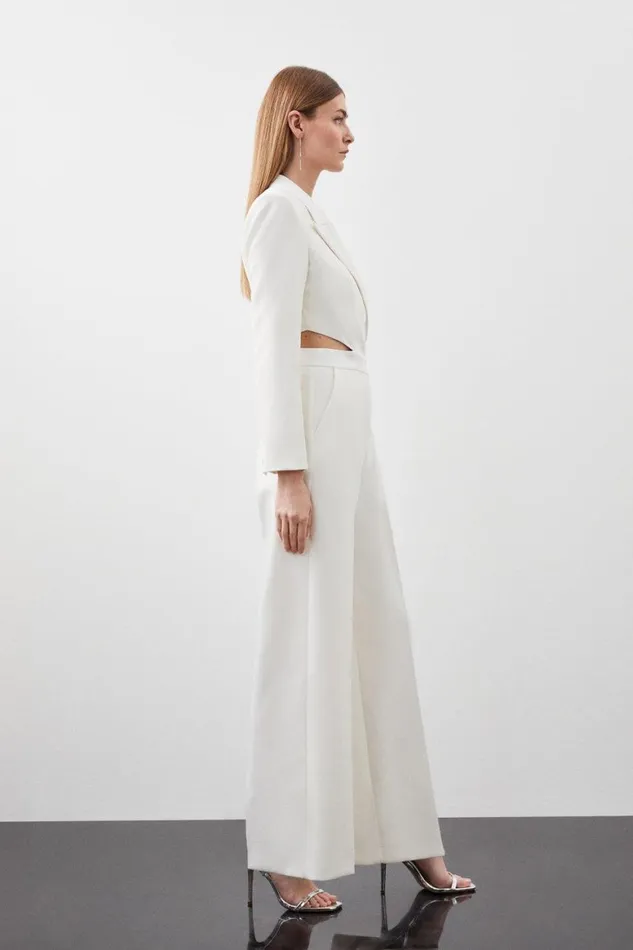 Jumpsuits Women Karen Millen Tailored Compact Stretch Tuxedo Wide Leg Jumpsuit Ivory