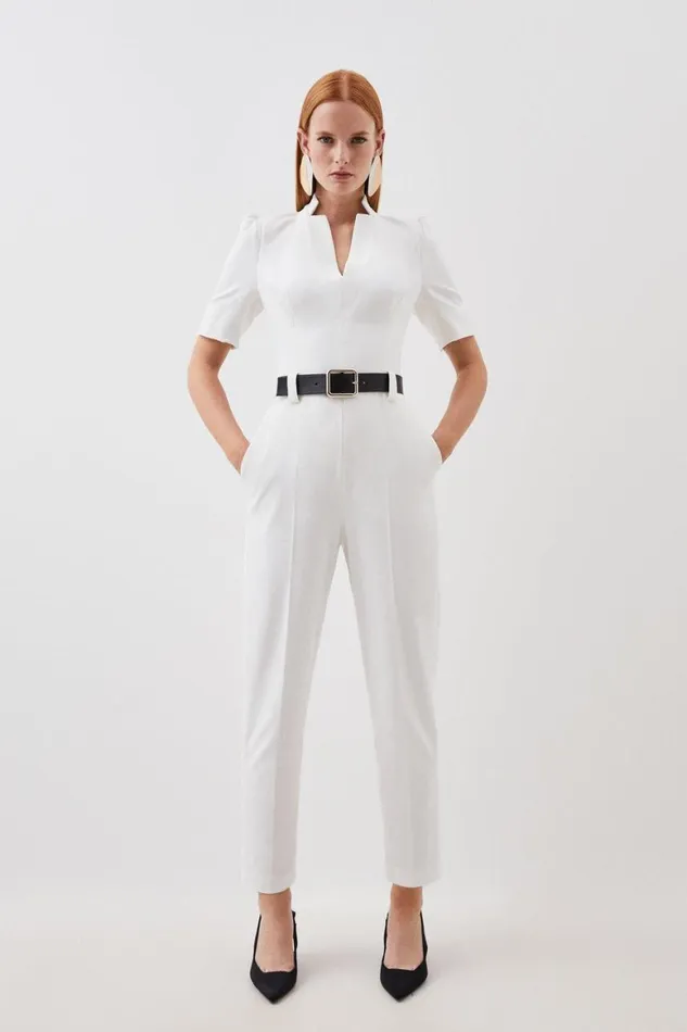 Jumpsuits Women Karen Millen Tailored Structured Crepe Forever Belted Jumpsuit Ivory