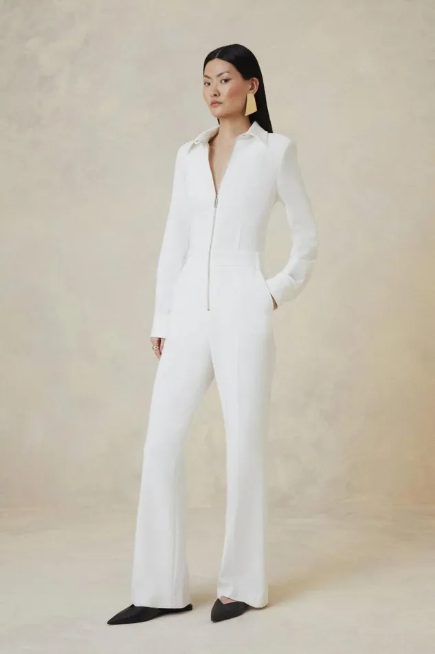 Jumpsuits Women Karen Millen The Founder Compact Stretch Collared Tailored Jumpsuit Ivory