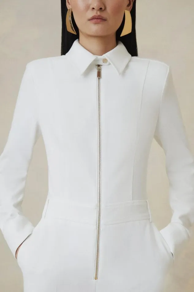 Jumpsuits Women Karen Millen The Founder Compact Stretch Collared Tailored Jumpsuit Ivory