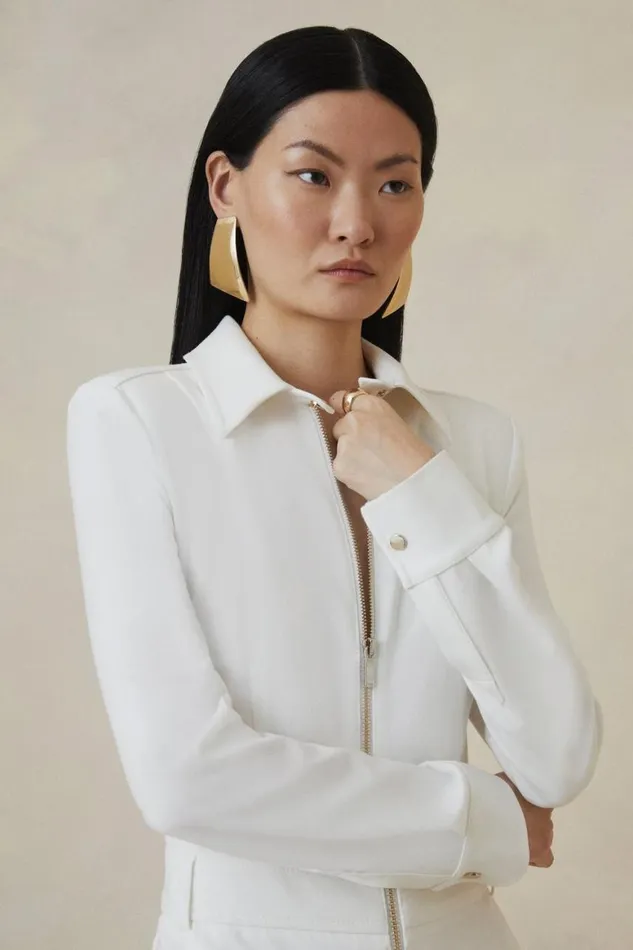 Jumpsuits Women Karen Millen The Founder Compact Stretch Collared Tailored Jumpsuit Ivory