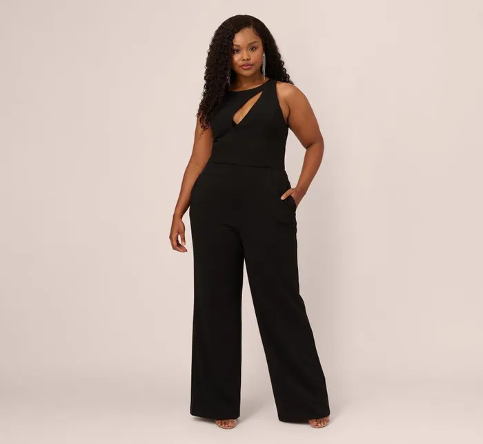 Jumpsuits Womens Adrianna Papell Plus Size Knit Crepe Wide Leg Jumpsuit With Cutout Accent In Black