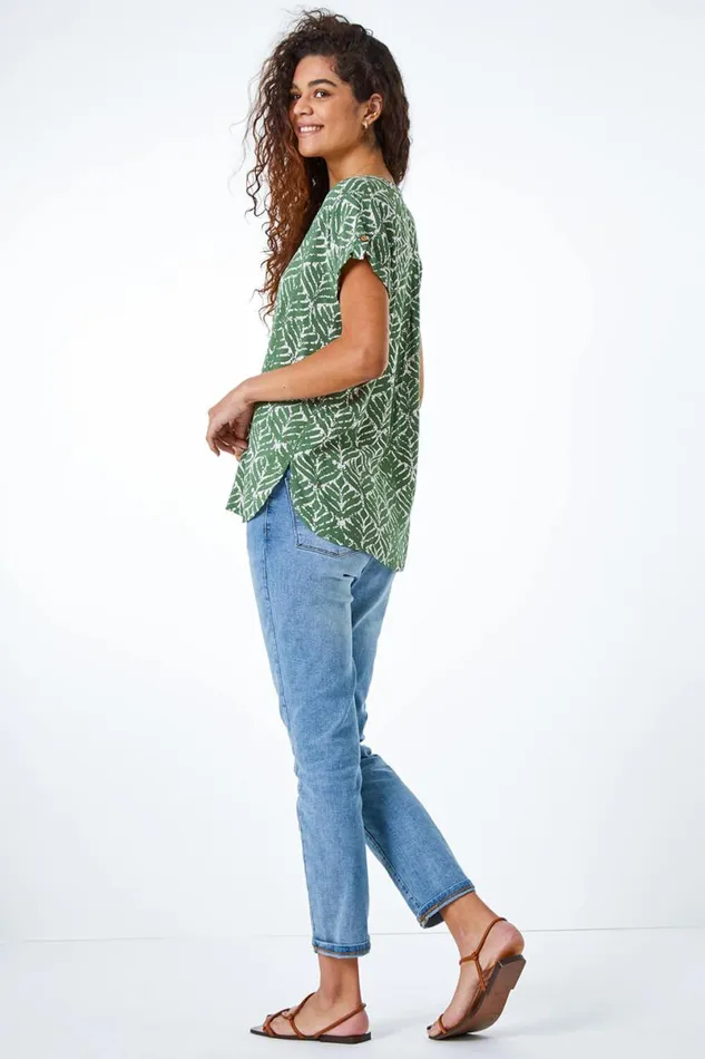 Khaki Abstract Print Button Detail VNeck Top Women Roman Tops
