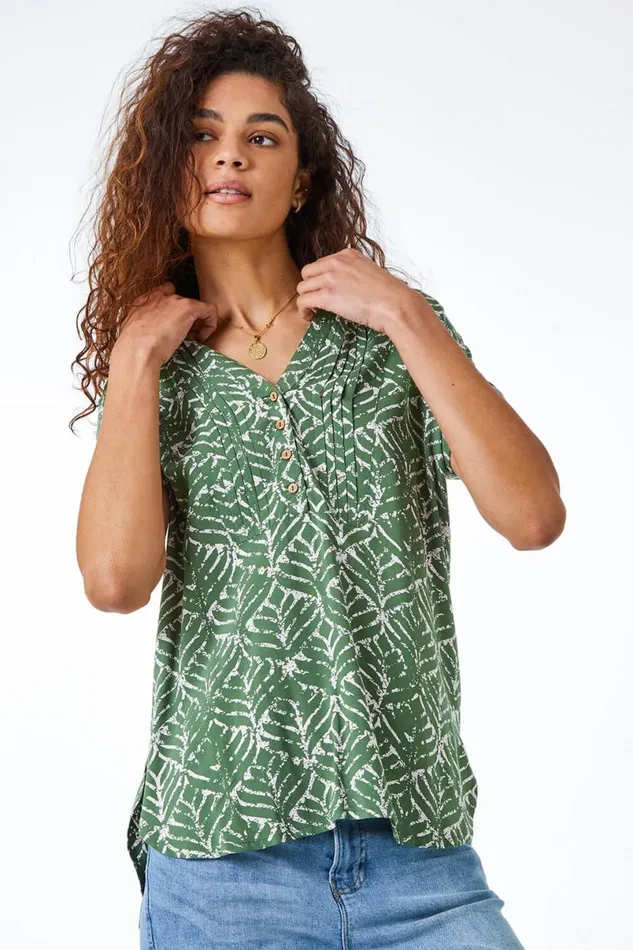 Khaki Abstract Print Button Detail VNeck Top Women Roman Tops