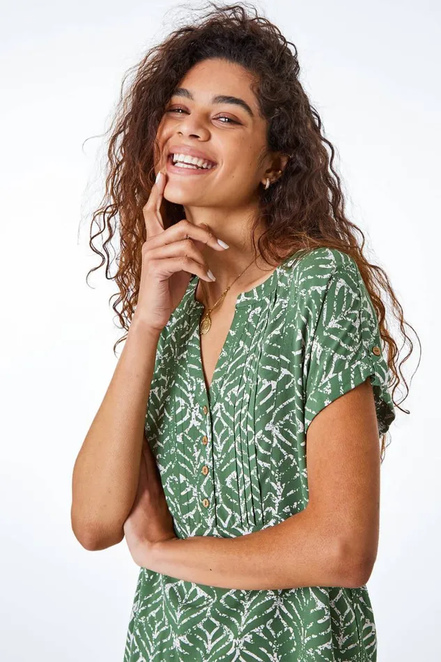 Khaki Abstract Print Button Detail VNeck Top Women Roman Tops