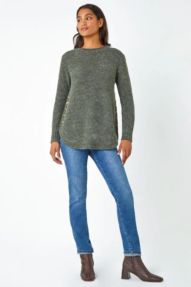 Khaki Button Detail Curved Hem Jumper Women Roman Knitwear