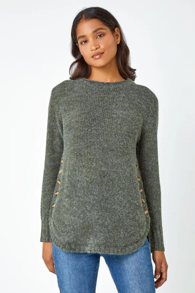 Khaki Button Detail Curved Hem Jumper Women Roman Knitwear