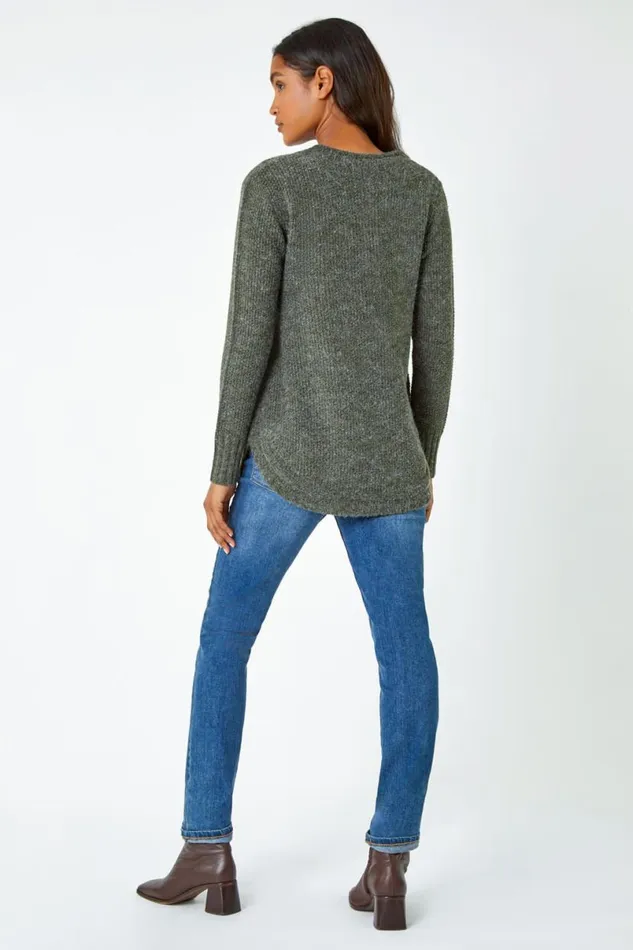 Khaki Button Detail Curved Hem Jumper Women Roman Knitwear