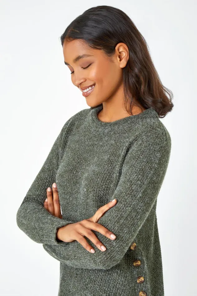 Khaki Button Detail Curved Hem Jumper Women Roman Knitwear