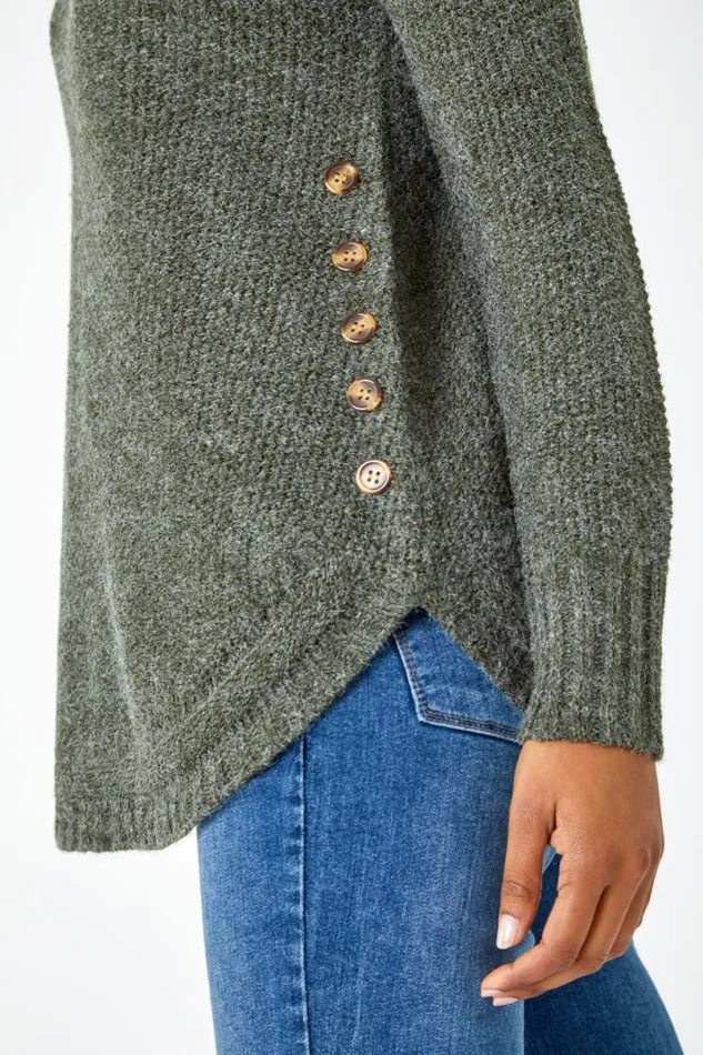 Khaki Button Detail Curved Hem Jumper Women Roman Knitwear