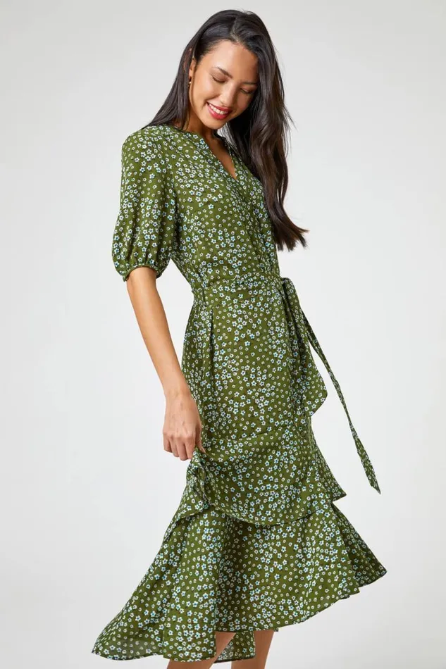 Khaki Ditsy Floral Frill Hem Midi Dress Women Roman Dresses