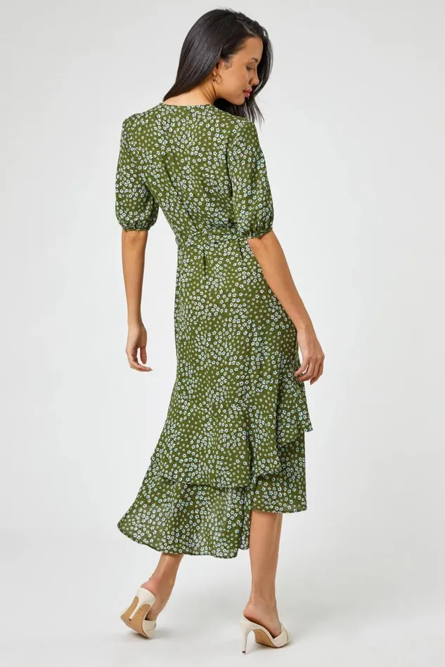 Khaki Ditsy Floral Frill Hem Midi Dress Women Roman Dresses