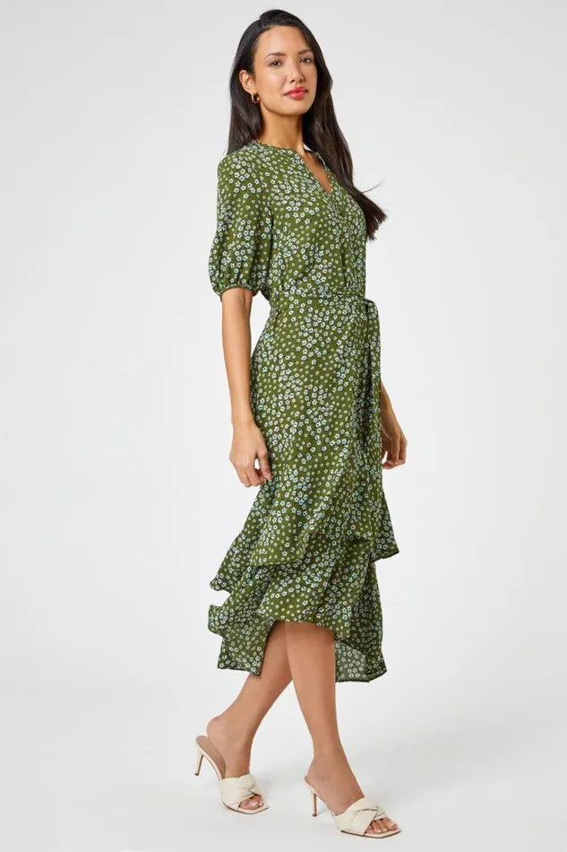 Khaki Ditsy Floral Frill Hem Midi Dress Women Roman Dresses