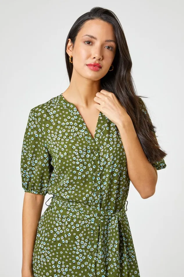 Khaki Ditsy Floral Frill Hem Midi Dress Women Roman Dresses