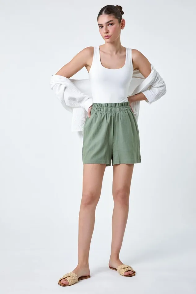 Khaki Linen Blend Elastic Waist Pocket Shorts Women Roman Shorts