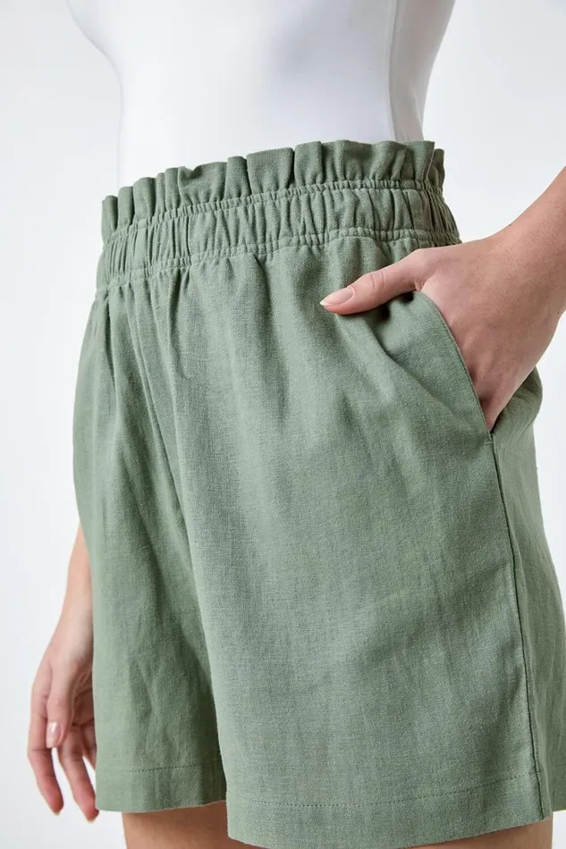 Khaki Linen Blend Elastic Waist Pocket Shorts Women Roman Shorts