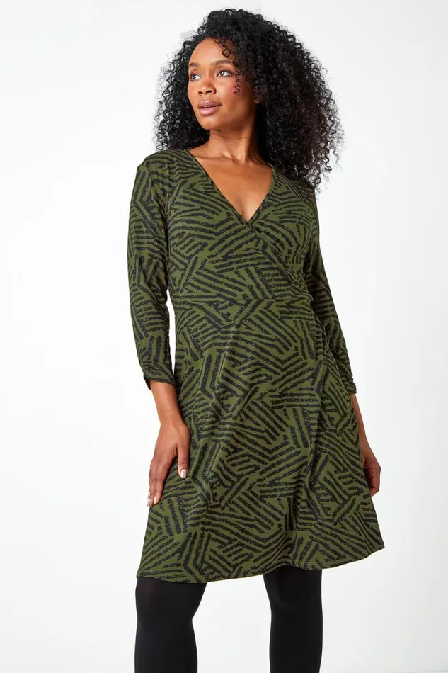 Khaki Petite Mock Wrap Abstract Stretch Dress Women Roman Dresses