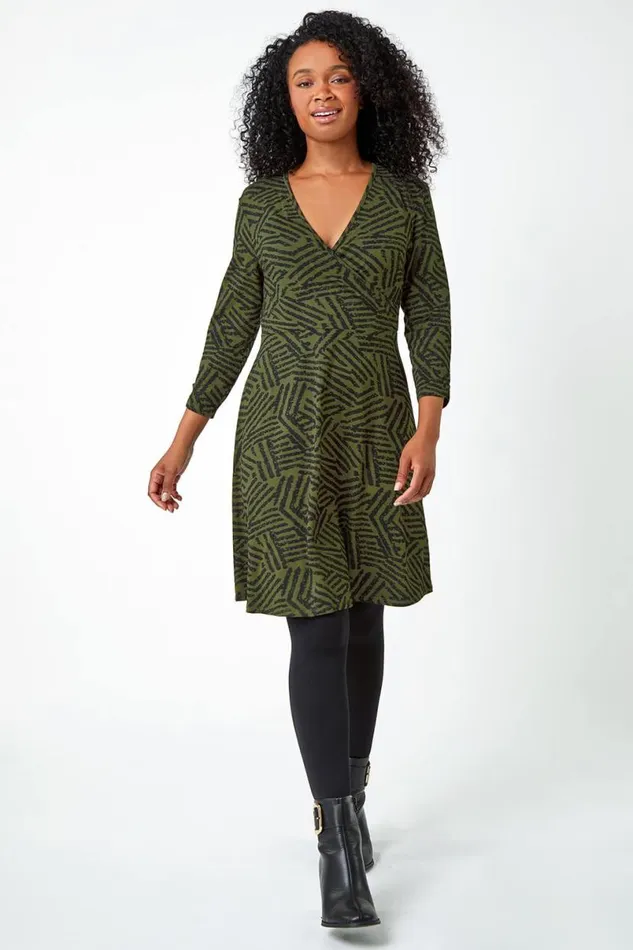 Khaki Petite Mock Wrap Abstract Stretch Dress Women Roman Dresses