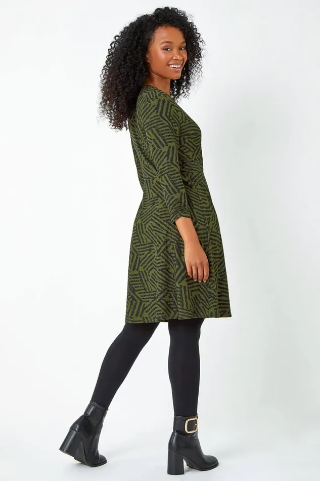 Khaki Petite Mock Wrap Abstract Stretch Dress Women Roman Dresses