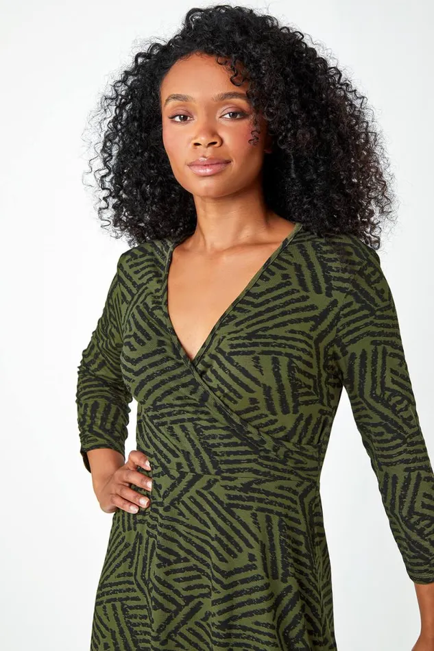 Khaki Petite Mock Wrap Abstract Stretch Dress Women Roman Dresses