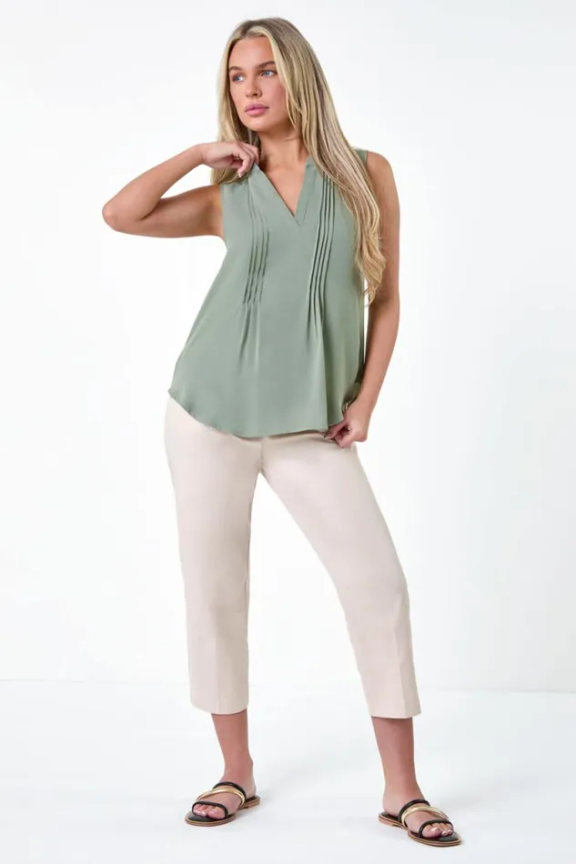 Khaki Petite Sleeveless Pleat Detail Top Women Roman Tops