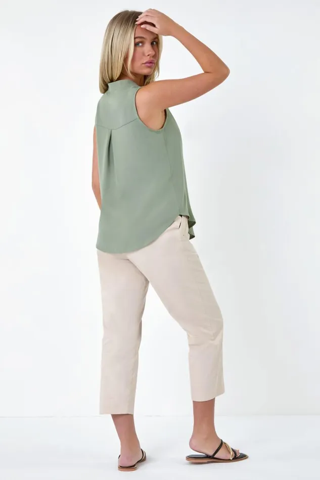 Khaki Petite Sleeveless Pleat Detail Top Women Roman Tops