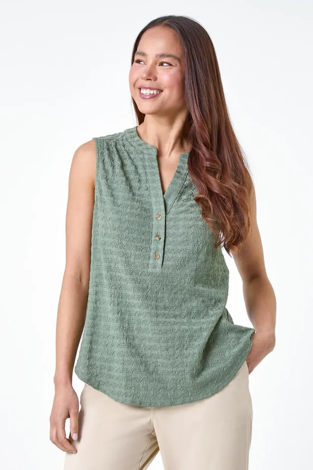 Khaki Petite Textured Sleeveless Top Women Roman Tops