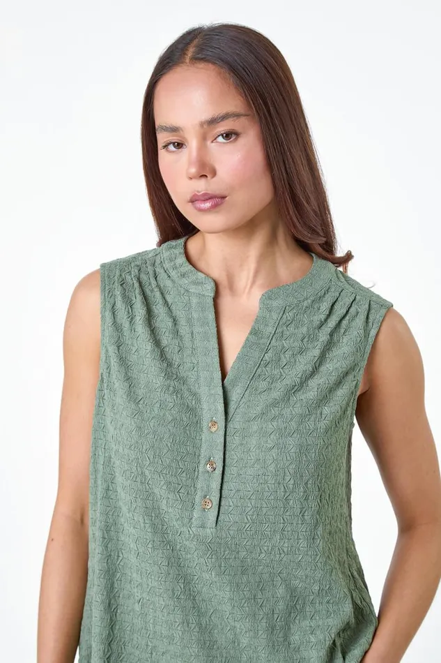 Khaki Petite Textured Sleeveless Top Women Roman Tops